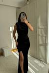 Gabriella Vatkalı Yırtmaçlı Kadife Abiye 9338 Siyah