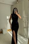Gabriella Vatkalı Yırtmaçlı Kadife Abiye 9338 Siyah
