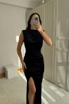 Gabriella Vatkalı Yırtmaçlı Kadife Abiye 9338 Siyah