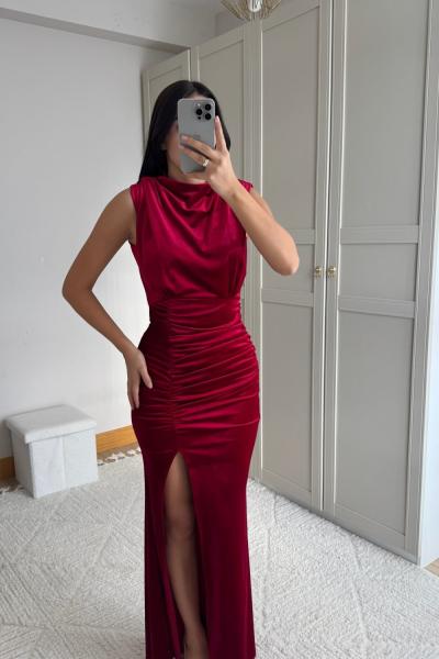 Gabriella Vatkalı Yırtmaçlı Kadife Abiye 9338 Kırmızı