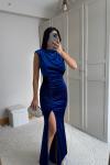 Gabriella Vatkalı Yırtmaçlı Kadife Abiye 9338 Saks Mavisi
