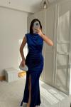 Gabriella Vatkalı Yırtmaçlı Kadife Abiye 9338 Saks Mavisi