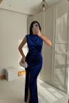 Gabriella Vatkalı Yırtmaçlı Kadife Abiye 9338 Saks Mavisi