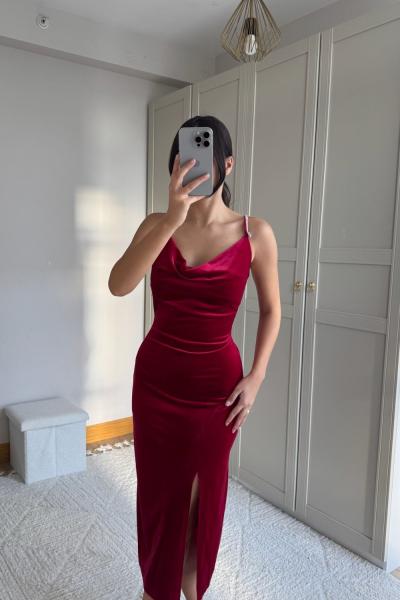 Haven Zincir Detaylı Midi Boy Elbise 9333 Kırmızı