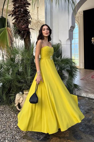 Hazal Straplez Toka Detay Abiye 9313 Yağ Yeşili