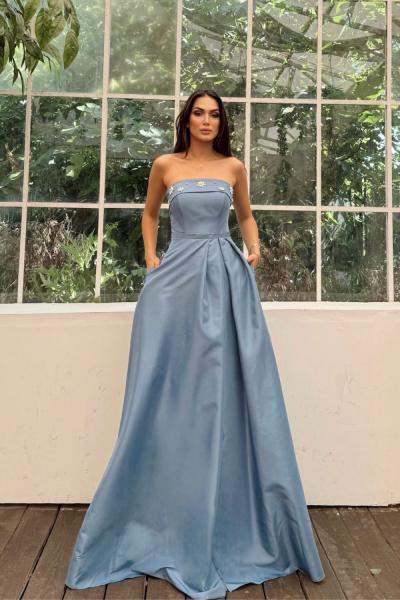 Hazel Straplez Işlemeli Saten Abiye 4747 İndigo