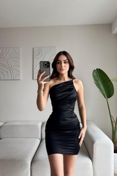 Holly Tek Askı Drapeli Saten Elbise 582538 Siyah