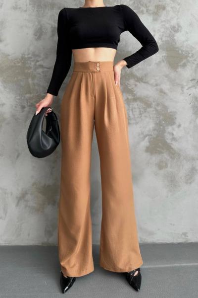 Huston Çift Düğme Detay İspanyol Pantolon 12201 Taba