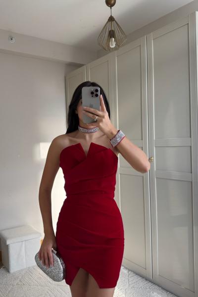India Straplez Yaka Mini Elbise 9337 Kırmızı