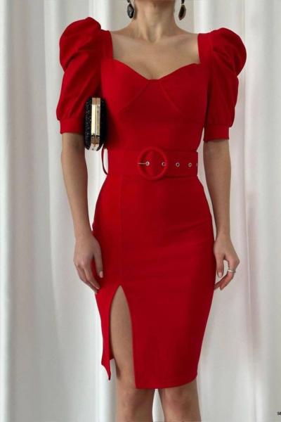 İnter Kemerli Yırtmaçlı Elbise 582437 Kırmızı