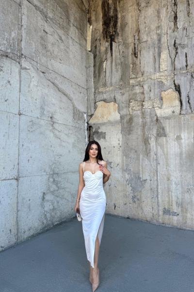 İris Gloplu Midi Elbise 24858 Beyaz