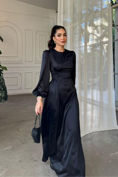 Irmak Yan Bağlama Detay Uzun Abiye 9360 Siyah