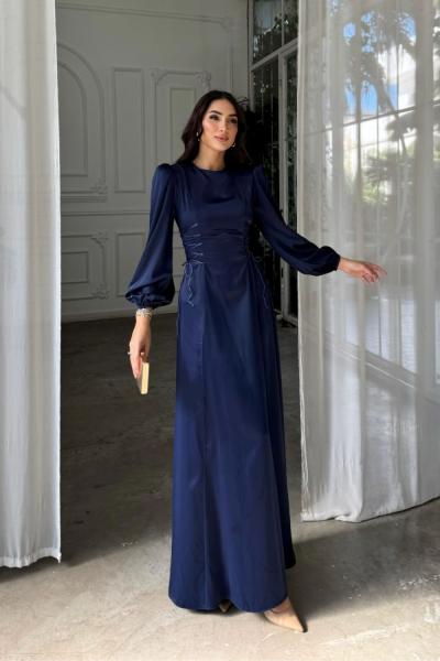 Irmak Yan Bağlama Detay Uzun Abiye 9360 Lacivert