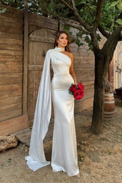 Işık Kuyruk Detay Boncuklu Tasarım Abiye 1099 Beyaz