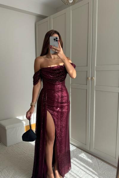 Ivory Madonna Yaka Payet İşleme Abiye 1065 Bordo