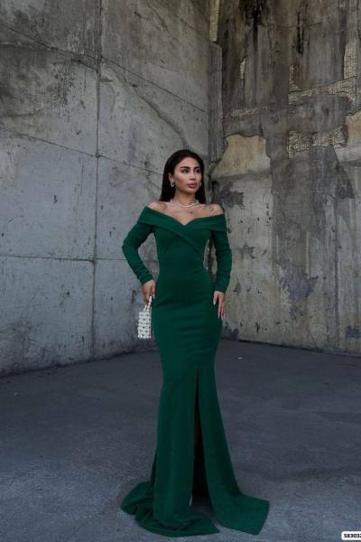 Jade Kayık Yaka Simli Balık Abiye 583032 Zümrüt