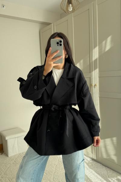 Jena Oversize Kuşaklı Düğmeli Trençkot 2635 Siyah