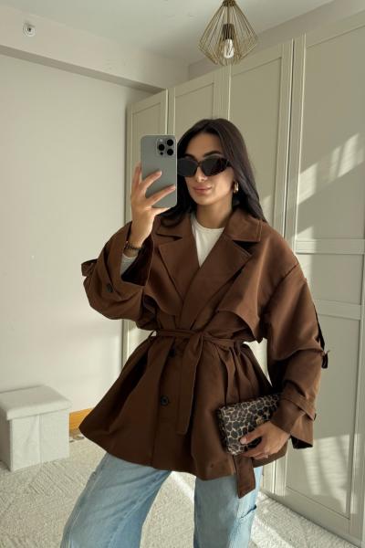 Jena Oversize Kuşaklı Düğmeli Trençkot 2635 Acı Kahve