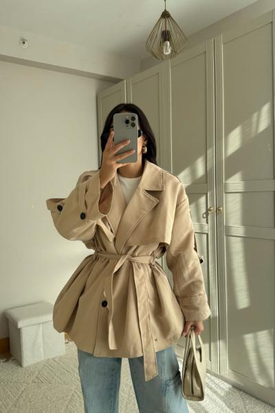 Jena Oversize Kuşaklı Düğmeli Trençkot 2635 Bej