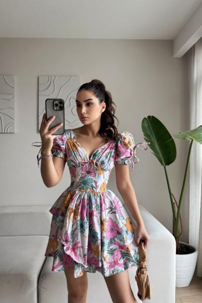 Jewell Çiçek Desen Mini Elbise 20048  Pembe