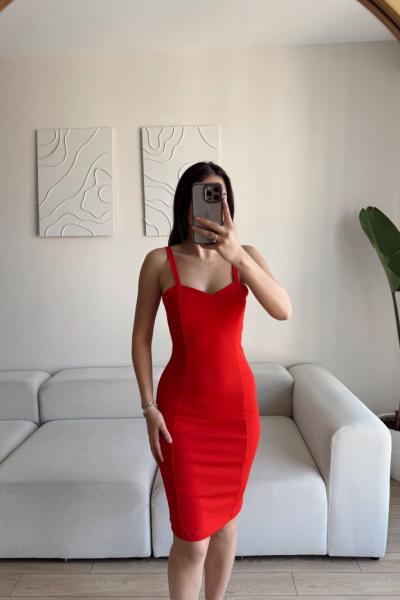 Kalın Askılı Kalem Elbise 581812 Kırmızı