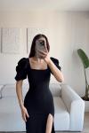 Kare Yaka Kol Pileli Elbise 2825  Siyah