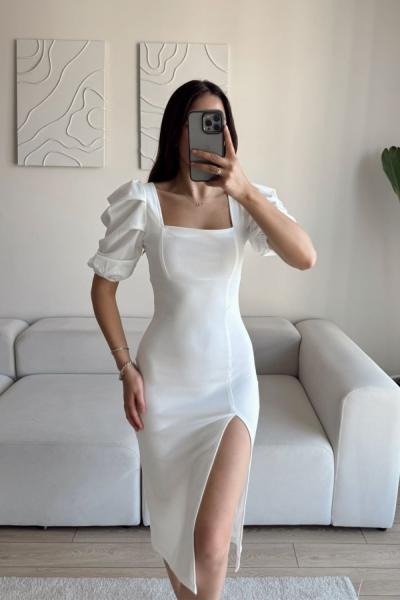 Kare Yaka Kol Pileli Elbise 2825  Beyaz