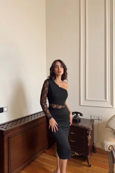 Keira Tek Kol Transparan Tül Midi Elbise 1208 Siyah