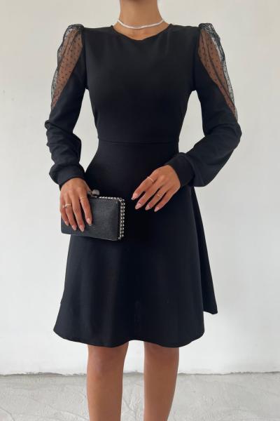 Kolları Tüllü Elbise 2837 Siyah