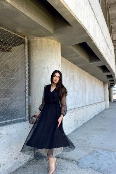 Kolları Tül Midi Boy Elbise 3548 Siyah