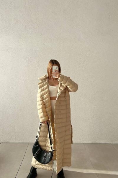 Kuşaklı Dolumlu Maxi Kaban 224001 MM Bej