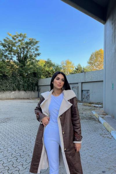 Kuzu  Yumoş Kaplama Oversize Midi Boy Chanel  Kıraşlı Kaban 200489 Acı Kahve