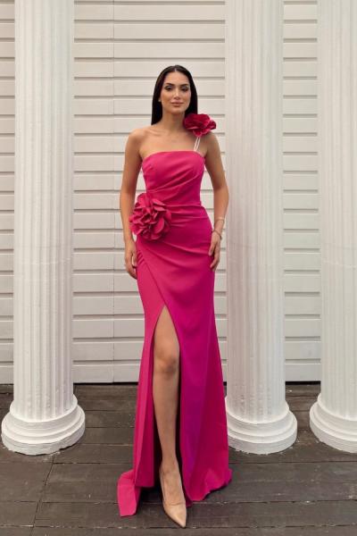 Larissa Çiçek Tasarım Yırtmaçlı Abiye 4703 Fuşya