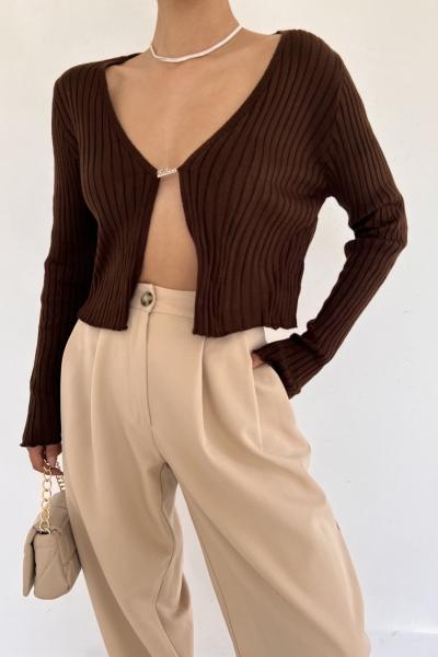 Lastik Örgü Triko Hırka 2299 MM Acı Kahve