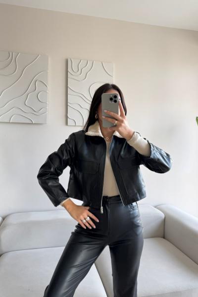 Leona Yaka Peluş Detay Ceket 2596 Siyah