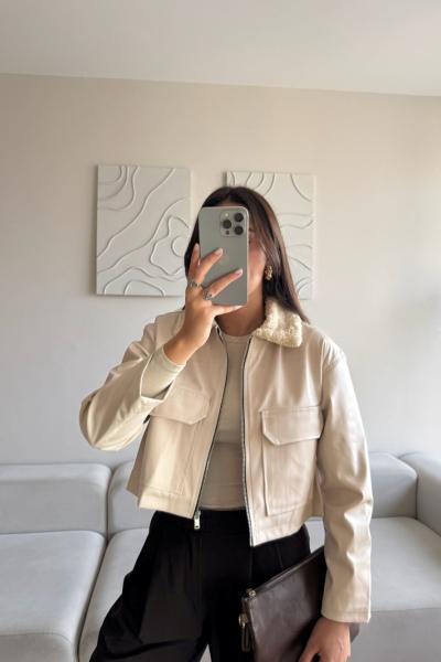 Leona Yaka Peluş Detay Ceket 2596 Taş Rengi