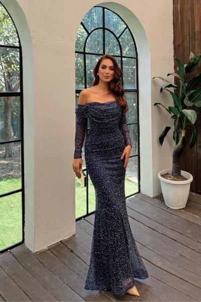 Levi Carmen Yaka Işıltılı Abiye 6117 Lacivert