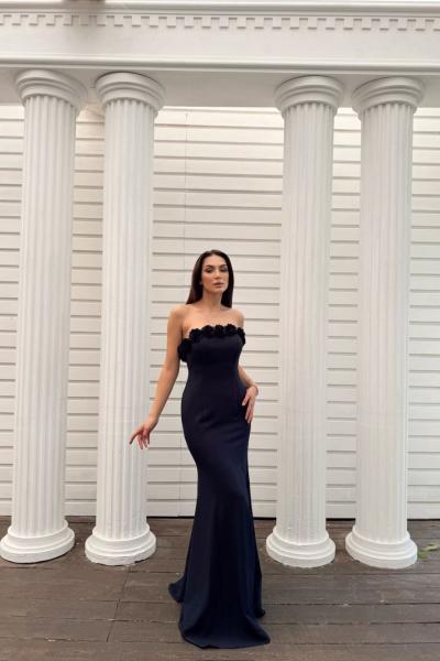 Leysa Straplez Yaka Çicek Detay Abiye 4695 Lacivert