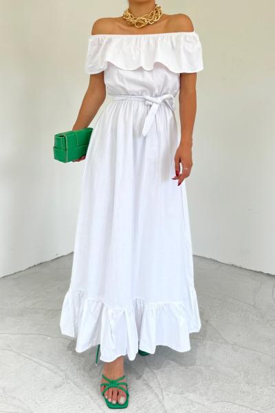 Madonna Yaka Kuşaklı Maxi Elbise C19X Beyaz