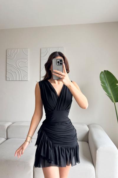 Maria Fırfır Detay Tül Elbise 9400 Siyah