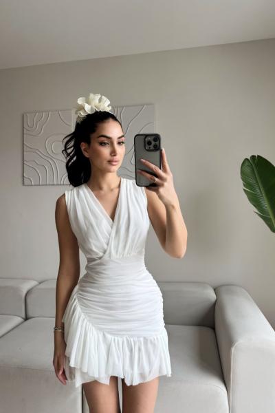 Maria Fırfır Detay Tül Elbise 9400 Beyaz