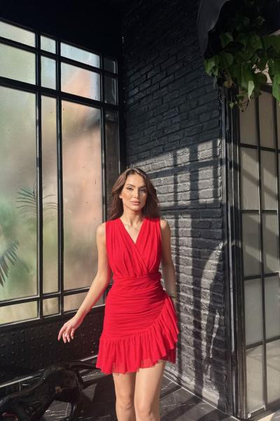 Maria Fırfır Detay Tül Elbise 9400 Kırmızı