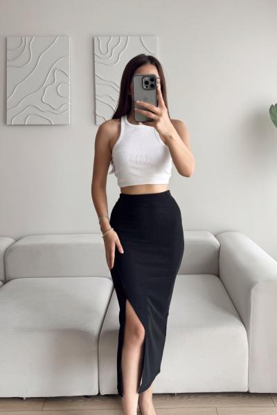 Masal Ottoman Kumaş Yırtmaçlı Maxi Etek 1854 Siyah