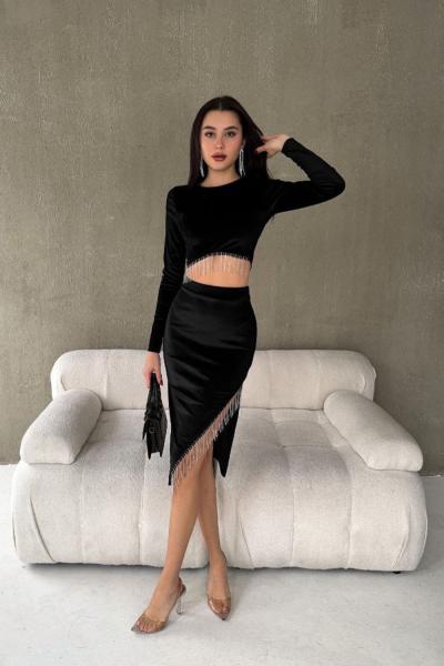 Matilda Taşlı Saçaklı Kadife Takım 3619 Siyah