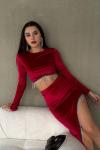 Matilda Taşlı Saçaklı Kadife Takım 3619 Bordo