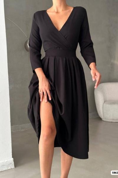 Meyra  Kruvaze Yaka Pileli Elbise 58620 Siyah