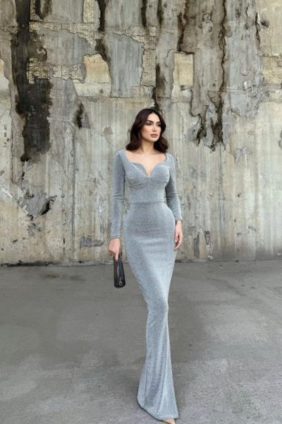 Miranda Simli Yırtmaç Detaylı Abiye 583093 Gri