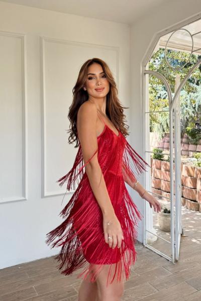 Modia Saçaklı Mini Elbise 9350 Kırmızı