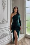 Nars Tek Kol Yırtmaçlı Kadife Elbise 582247  Zümrüt