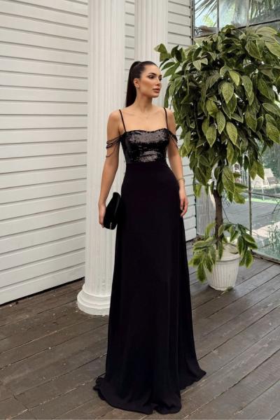 Nea Payetli Kol Saçaklı Abiye 24758 Siyah